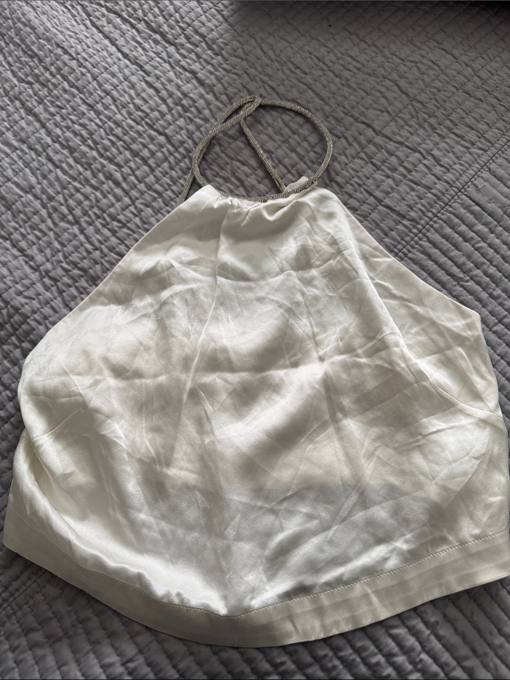 White Satin Halter Crop Top with Metallic Neck Tie